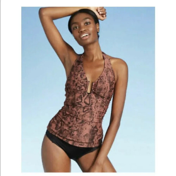 Kona Sol Other - Kona Sol Women’s Snake Skin Print Brown Bikini Swim Tankini Halter Top Sz M